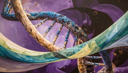 Abstract double helix DNA strand with polygonal texture on a cosmic purple background