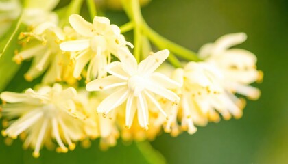 Close-up of delicate, fragrant, pale yellow blossoms on a blurred green background
