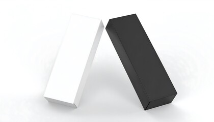 Two blank rectangular boxes, one white and one black, are displayed on a plain white background, showcasing a design mock-up for product packaging.
