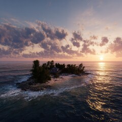 Fototapeta premium Sunset over a peaceful private island 140 with calm ocean waves. --