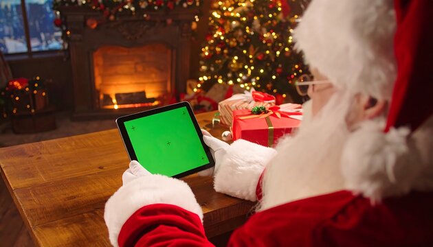 Santa Claus utilizes a tablet computer with a green screen display, surrounded by christmas decorations and gifts.