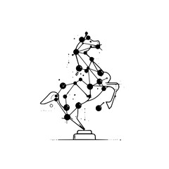 Abstract horse figure constructed from connected nodes and lines in black and white illustration style