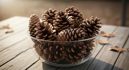 Pinecones in Clear Glass Bowl on Wooden Surface in Natural Light