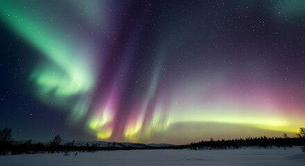 Aurora Borealis Displaying Striking Colors Over Snow-Covered Landscape at Night Under a Dazzling Array of Stars