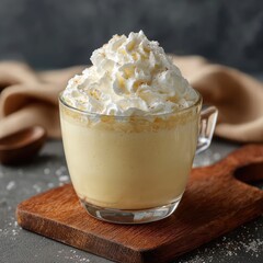 A glass cup filled with creamy pudding 111 topped with whipped cream -