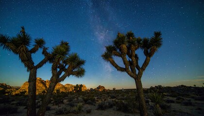 Obraz premium Joshua trees silhouetted against a vibrant starry night sky with the Milky Way