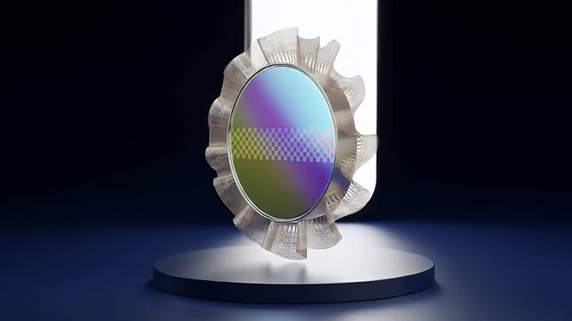 Moir�-safe hologram medallion rotates with teal-to-gold hue shifts; a delicate check fades in to affirm a premium, textless assurance badge concept