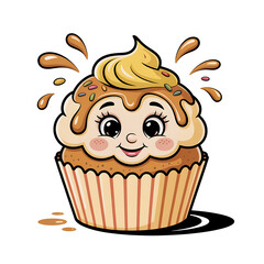 Adorable cupcake character with sweet icing smiles cheerfully, presented on a transparent background