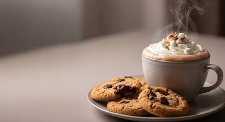 Hot chocolate with whipped cream and chocolate chip cookies perfect treat