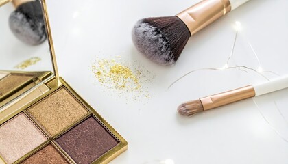 Gold eyeshadow palette, brushes, loose pigment, and fairy lights on a white surface