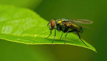 Fototapeta premium Iridescent green fly with red eyes perched on a vibrant green leaf