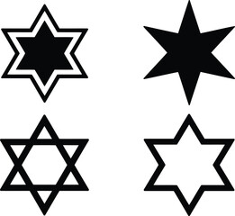 Variety of Six Pointed Star Illustrations Featuring Different Designs and Styles in Black and White Simple Graphic Art
