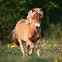 Obraz premium A playful pony trotting through a sunny pasture. -