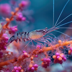 A prawn swimming underwater near coral reefs. -