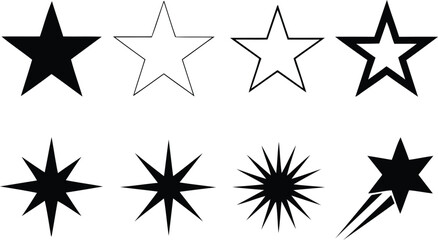 Collection of Star Illustrations Featuring Solid, Outlined, and Bursting Designs for Varied Creative Applications and Decorative Purposes