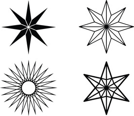 Four Unique Star Illustrations a Study in Geometric Design and Artistic Expression Showcasing Varied Styles
