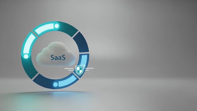 Cloud encircled by a four-segment ring completes clockwise; a shield glints and the ring resets, conveying steady SaaS reliability with clean iconography