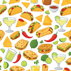 Festive vector pattern showcases colorful Mexican cuisine: tacos, nachos, burritos, quesadillas, chili peppers, limes, and margarita glasses repeating on a white backdrop.