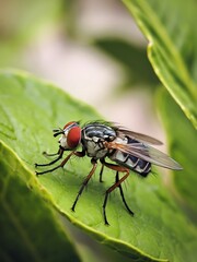 Close-up macro photo of a common housefly with red eyes resting on a vibrant green leaf with shallow depth of field