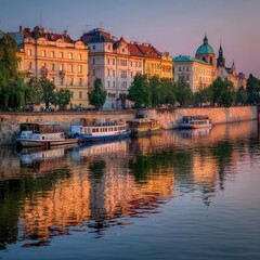 Obraz premium A serene view of Prague 123 at sunset with the Vltava River in the foreground -