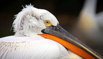 Close-up of a white pelican with a bright orange beak and expressive eye