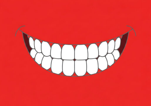Cartoon mouth smiles wide showing shiny white teeth on a bright red background