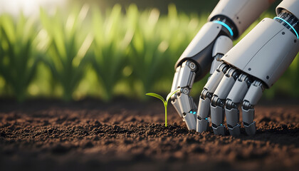 Futuristic robotic hand holding green plant symbolizing technology and environmental harmony