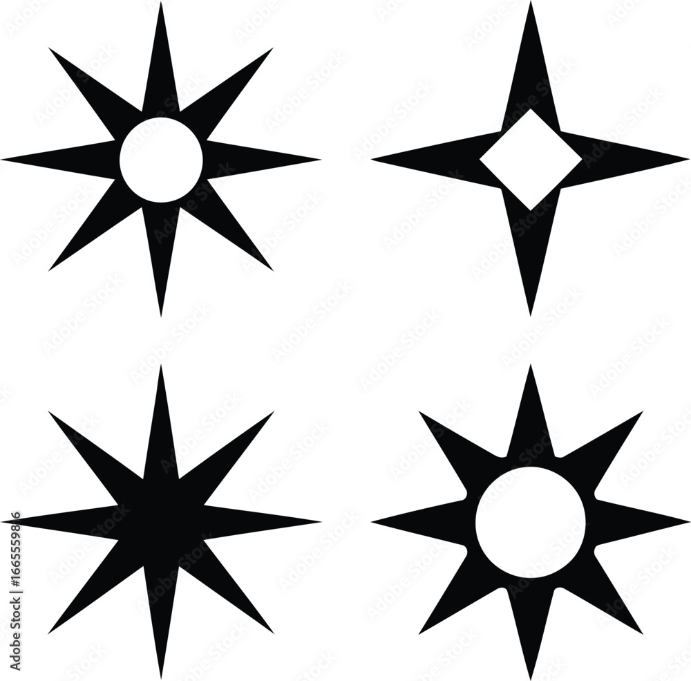 Poster four distinct starburst designs symbolic patterns with bold geometric shapes and contrasting black a