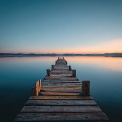 Obraz premium A wooden pier 130 stretching out into calm blue waters at sunset --