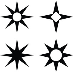 Four Distinct Starburst Designs Symbolic Patterns with Bold Geometric Shapes and Contrasting Black and White Palette
