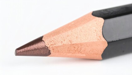 Close-up of a sharpened dark brown colored pencil tip against a bright white background