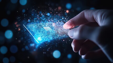 Hand touching a glowing blue credit card with digital patterns and bokeh lights in the background