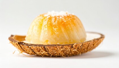 A small, dome-shaped, golden dessert topped with white flakes rests in a coconut shell half