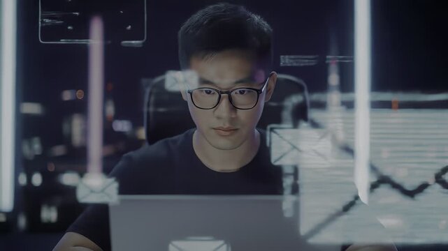 A young man wearing glasses and a dark t-shirt uses a laptop against a dark background with city lights, complemented by email-shaped digital overlays. - Powered by Adobe