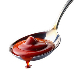 Spoonful of rich red ketchup dripping against a dark background