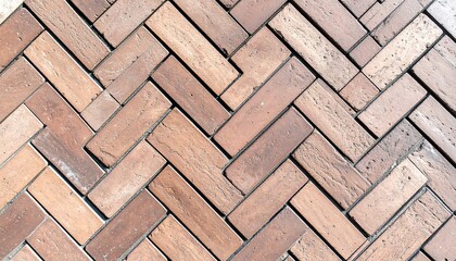 A detailed close-up view of a herringbone brick pavement pattern, exhibiting a muted brown and beige color scheme.