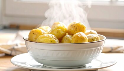 Steaming hot, seasoned baby potatoes served in a white bowl, ready to be enjoyed
