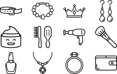 Collection of black and white line art icons for fashion and beauty belt bracelet