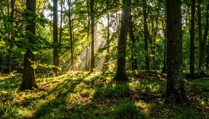 Obraz premium Sunbeams illuminate a lush green forest floor through tall trees, creating a tranquil atmosphere