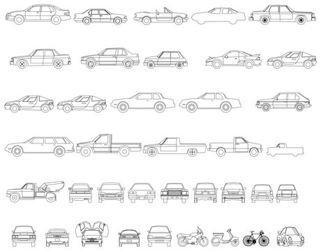 2D Vehicle Drawing Vector – Car, Pickup Truck, Motorcycle for Interior and Architectural Layout