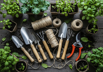 Garden tools and seedlings arranged neatly on a rustic wooden surface present springtime gardening