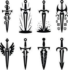 Dagger Silhouette Icon Set – Sharp and Stylish Blades Medieval Dagger Silhouette Collection – Weapon Icon Designs