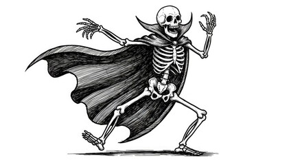 A spooky, hand-drawn illustration of a skeleton wearing a flowing cape, running or striding with an expressive, slightly menacing pose, in black and white.
