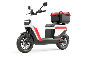 Sleek modern white electric scooter with red accents and a black delivery box, perfect for urban commuting and efficient delivery services.
