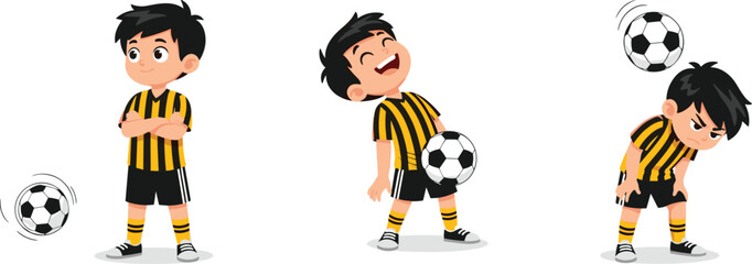Cartoon boy playing soccer, football uniform, sports action, happy child, kicking ball, fun game, athlete training, kids activity, vector character, sport scene
