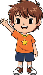 Cartoon boy waving hand, happy kid in orange shirt with star, cute smiling child character, casual clothing, white background vector illustration
