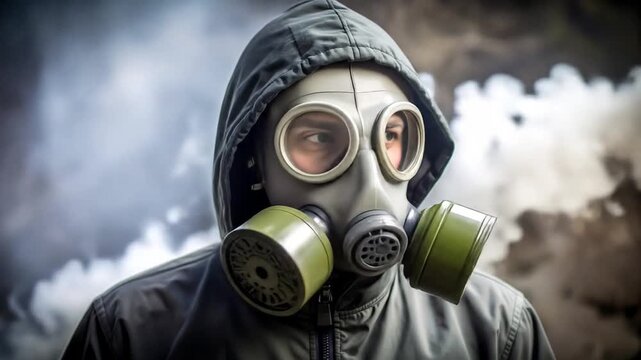 Person in Gas Mask Amidst Smoke with Environmental Disaster or Apocalyptic Threat.