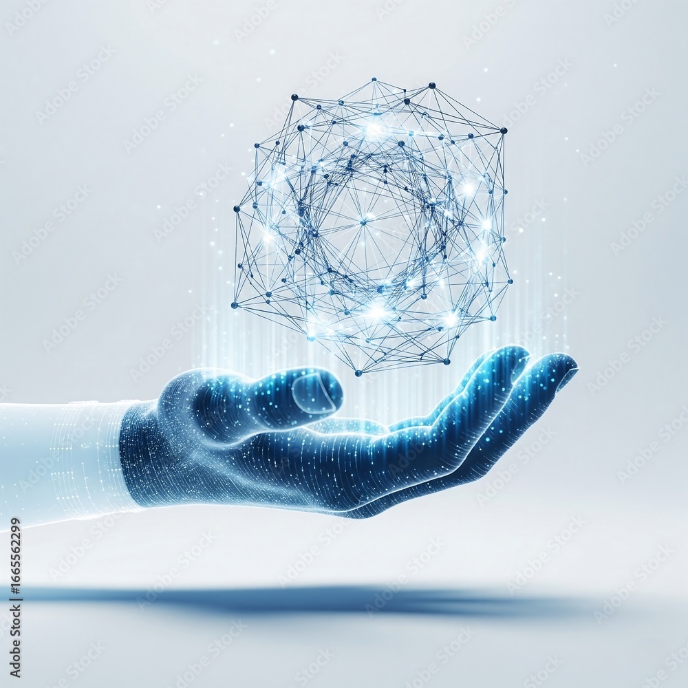 Poster abstract data network glowing above an outstretched hand.