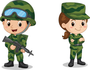 Cute cartoon soldier boy and girl in army uniform, kids in camouflage clothing, military theme, armed forces illustration, teamwork concept