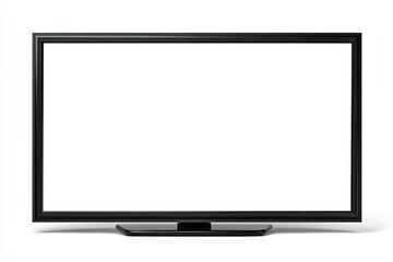 Flat-screen television with a blank white display.  A rectangular black television is displayed on a white background.  The television is positioned frontally and shows a plain white screen